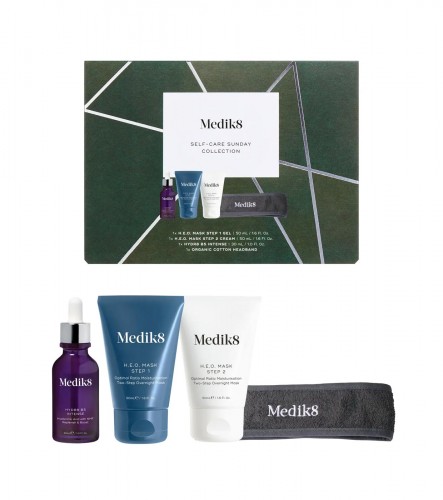 Medik8 Set Self-Care Sunday Collection - zestaw dwuetapowa, nawilżająca maska na noc 2 x 50 ml + Wzmocnione serum 30 ml + Opaska kosmetyczna 