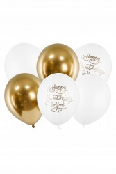 Balony "Happy Birthday To You", biało-złoty mix, PartyDeco, 12", 6 szt