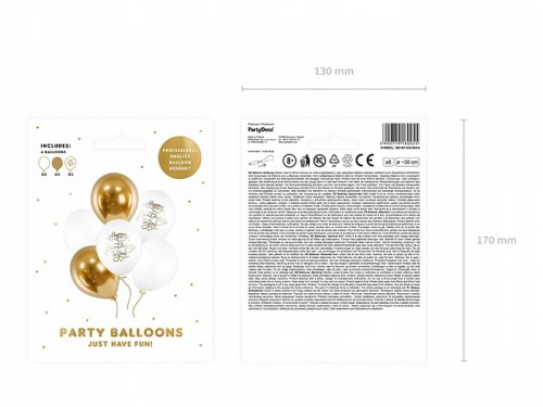 Balony "Happy Birthday To You", biało-złoty mix, PartyDeco, 12", 6 szt