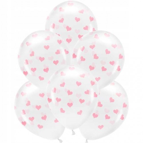 Balony Eco 33 cm, Serca różowe, Crystal Clear, 6 szt.